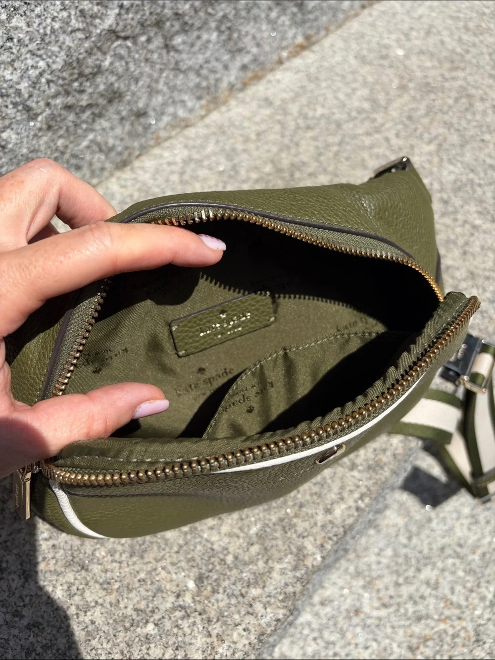 kate spade Olive Green Pebbled Leather Belt Bag with White Piping